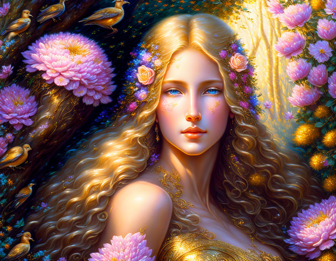 Fantasy illustration of woman with blonde hair, blue eyes, golden floral accessories, surrounded by flowers and