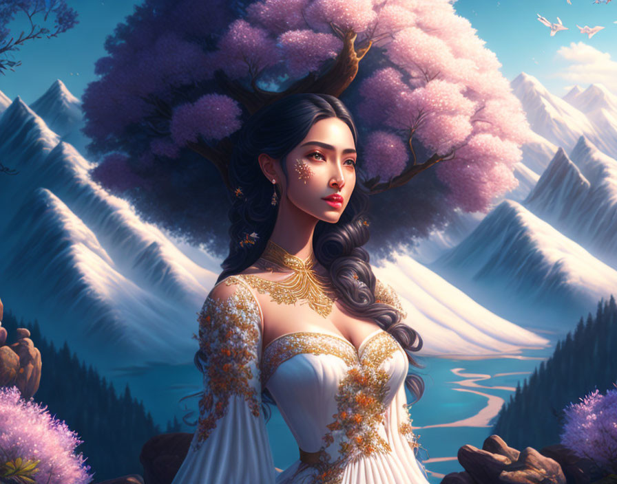 Regal woman in gold jewelry and white dress in fantastical mountain landscape