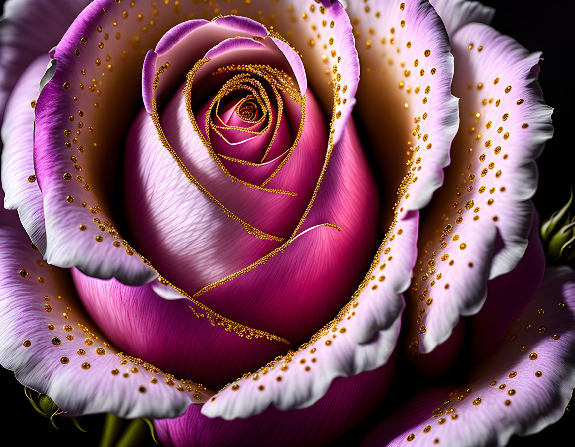 Digitally-Enhanced Purple Rose with White-Edged Petals and Golden Droplets