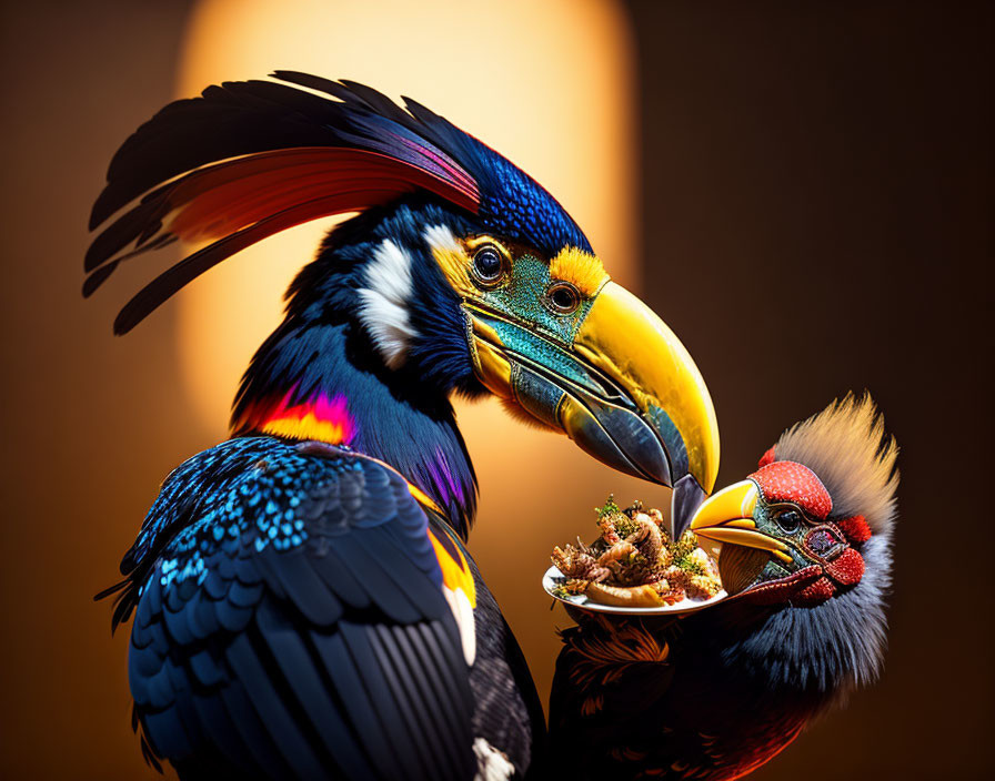 Colorful Birds Sharing Meal on Small Plate Against Brown Backdrop