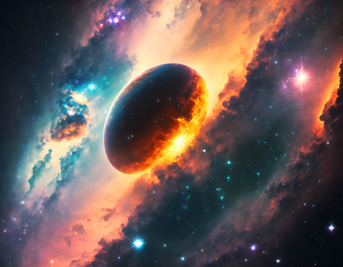 Large planet in colorful cosmic scene with nebulae and stars