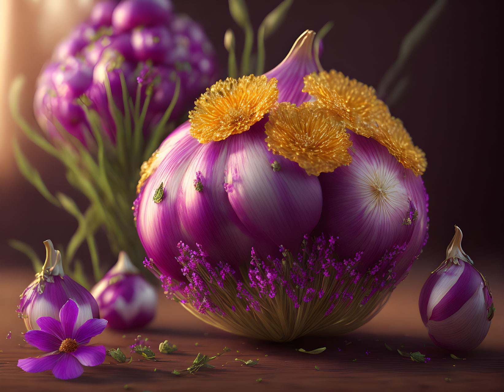 Digital artwork of purple onion with blooming flowers and smaller onions.