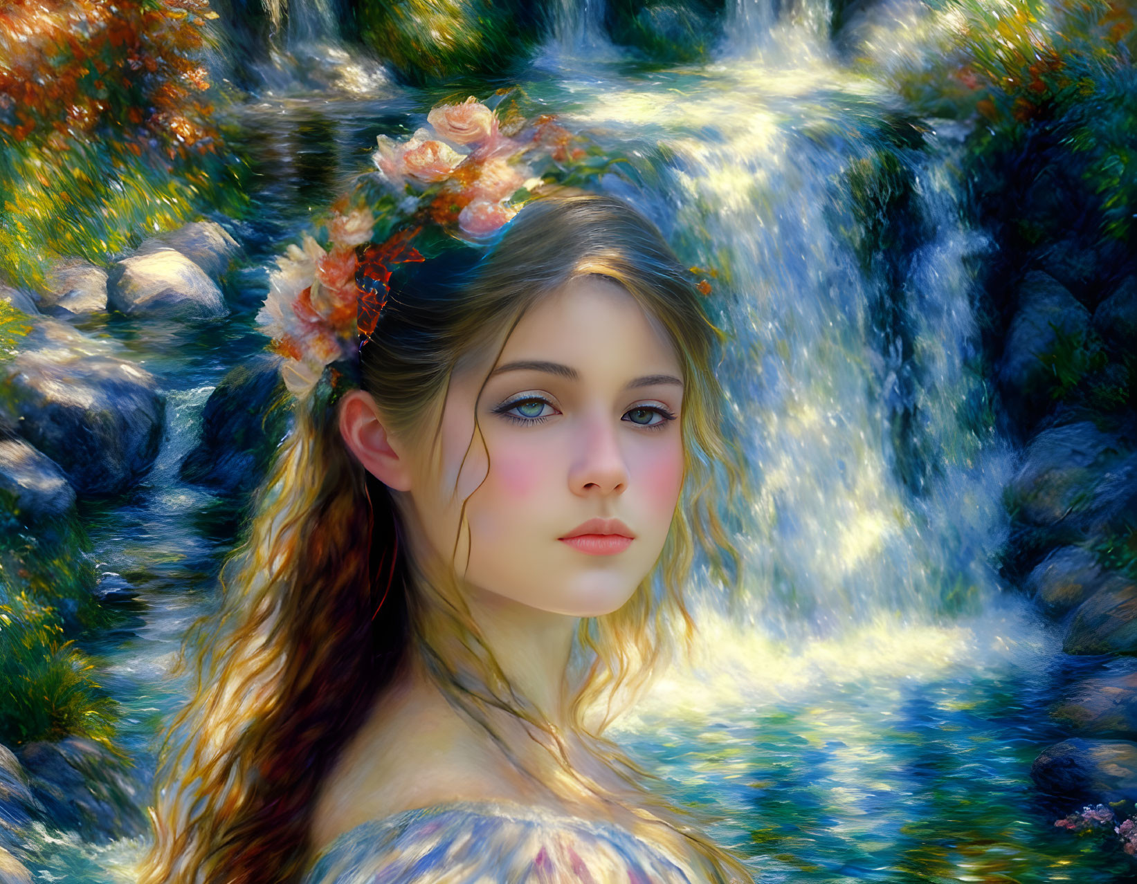 Young woman with floral crown near waterfall & greenery