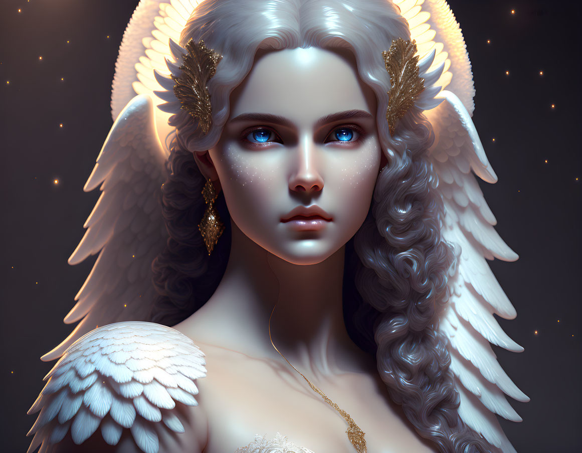 Fantasy portrait of woman with glowing blue eyes, white curly hair, angelic wings, and gold