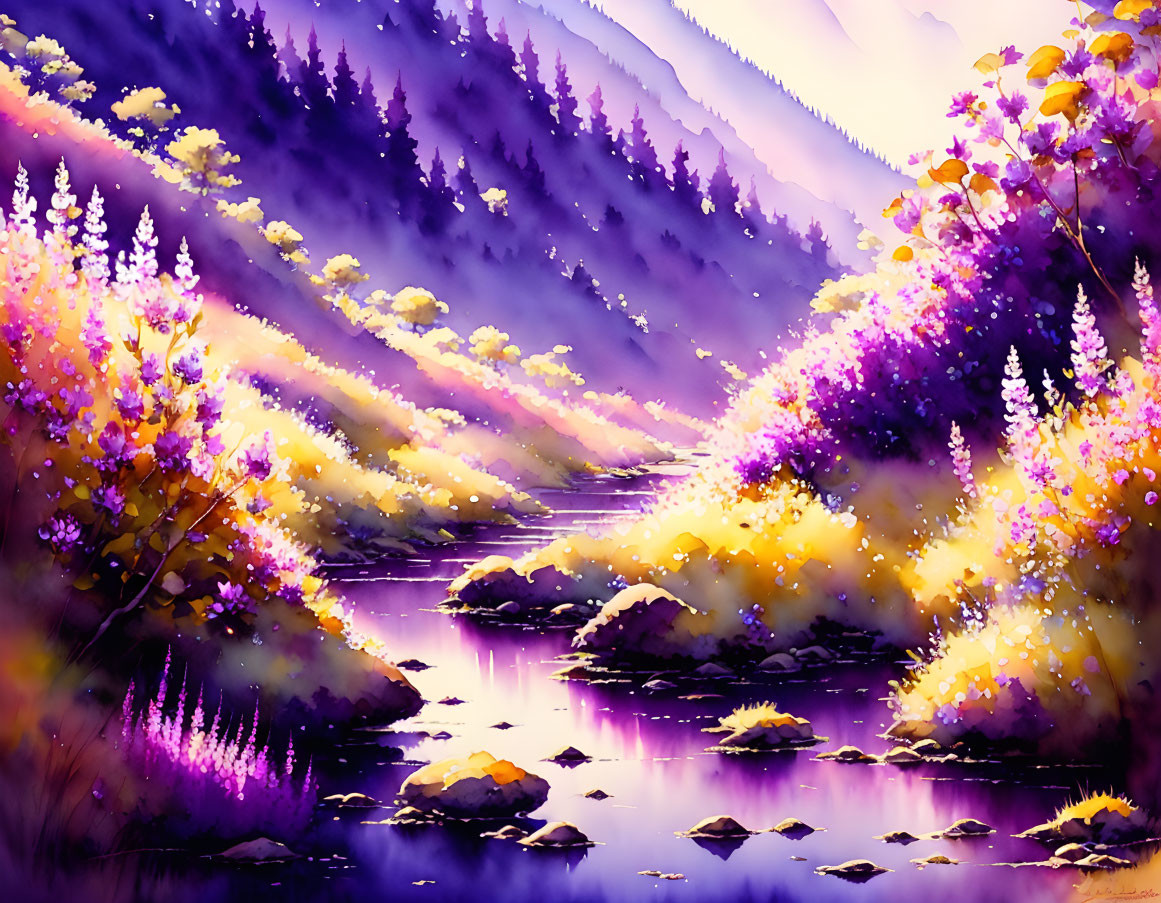 Purple and Yellow Landscape Painting with River, Flowering Trees, and Mountains