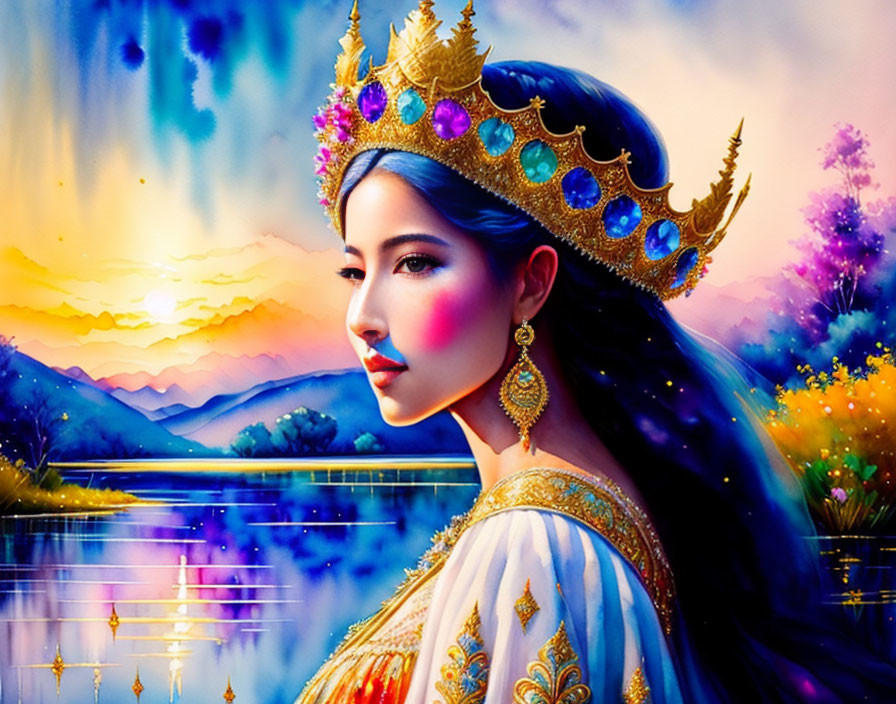 Digital art: Woman with jewel crown and gold earrings in sunset landscape