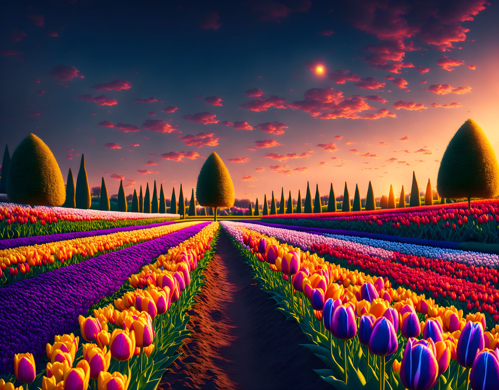 Colorful tulip fields at sunset with striped flowers and manicured trees