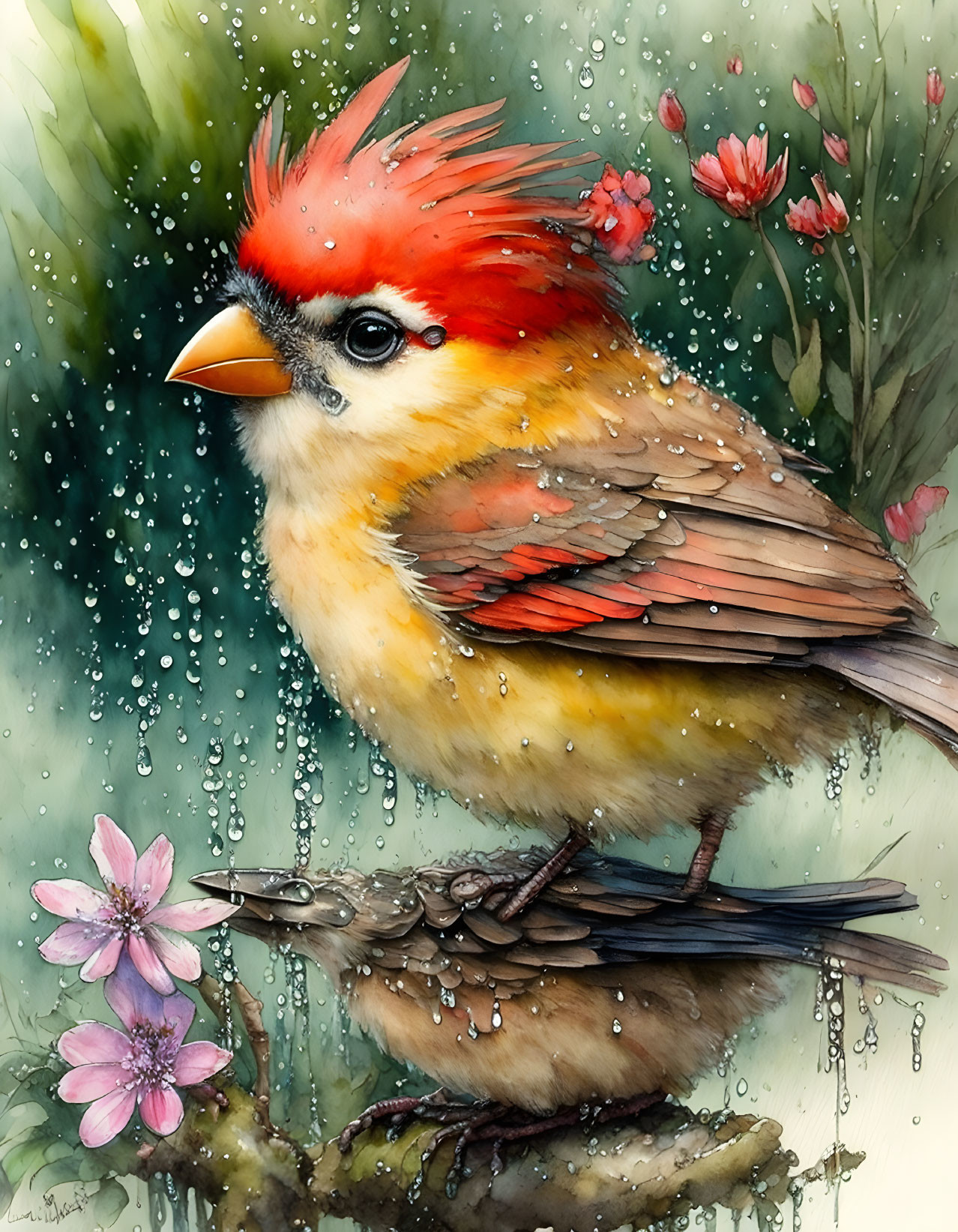 Vibrant Cardinal Illustration on Branch with Raindrops and Pink Flowers