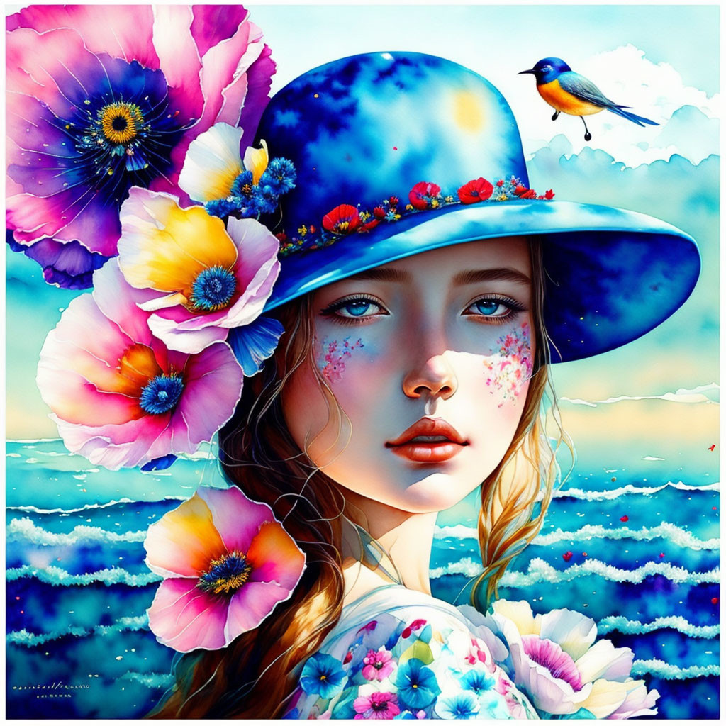 Colorful girl with floral cheeks and bird on hat against oceanic backdrop