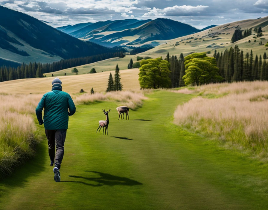 Person jogging on grassy path in scenic valley with rolling hills and deer grazing under cloudy sky