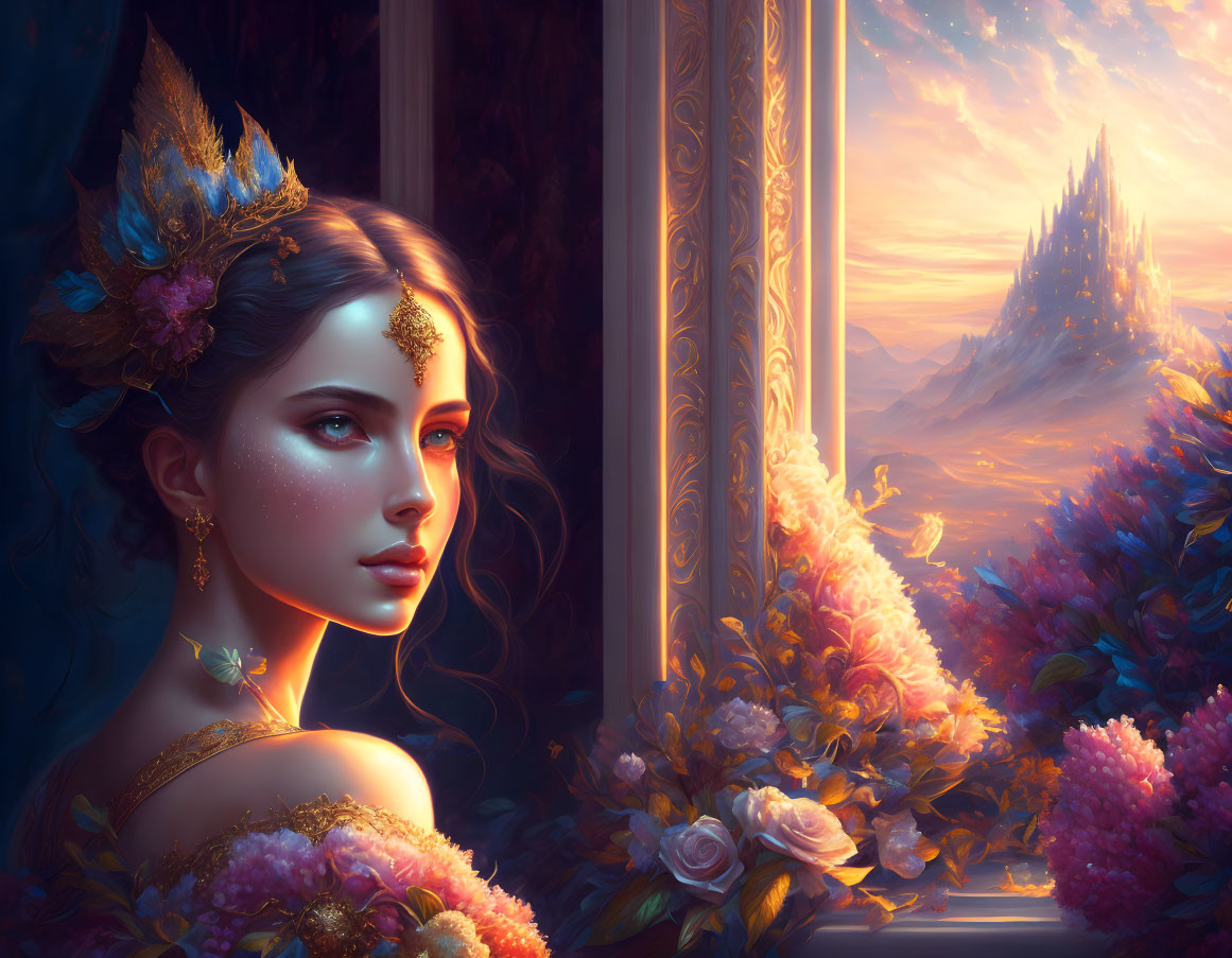 Fantasy portrait of woman with golden headpiece overlooking magical landscape