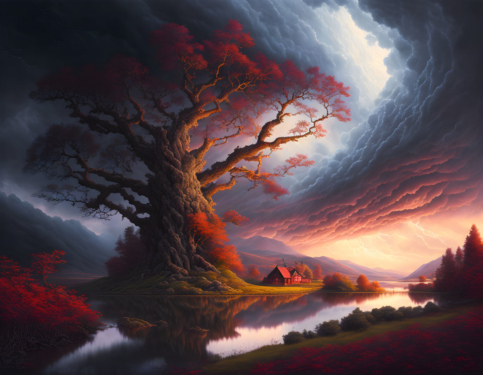 Majestic tree with red foliage by lake under stormy sky