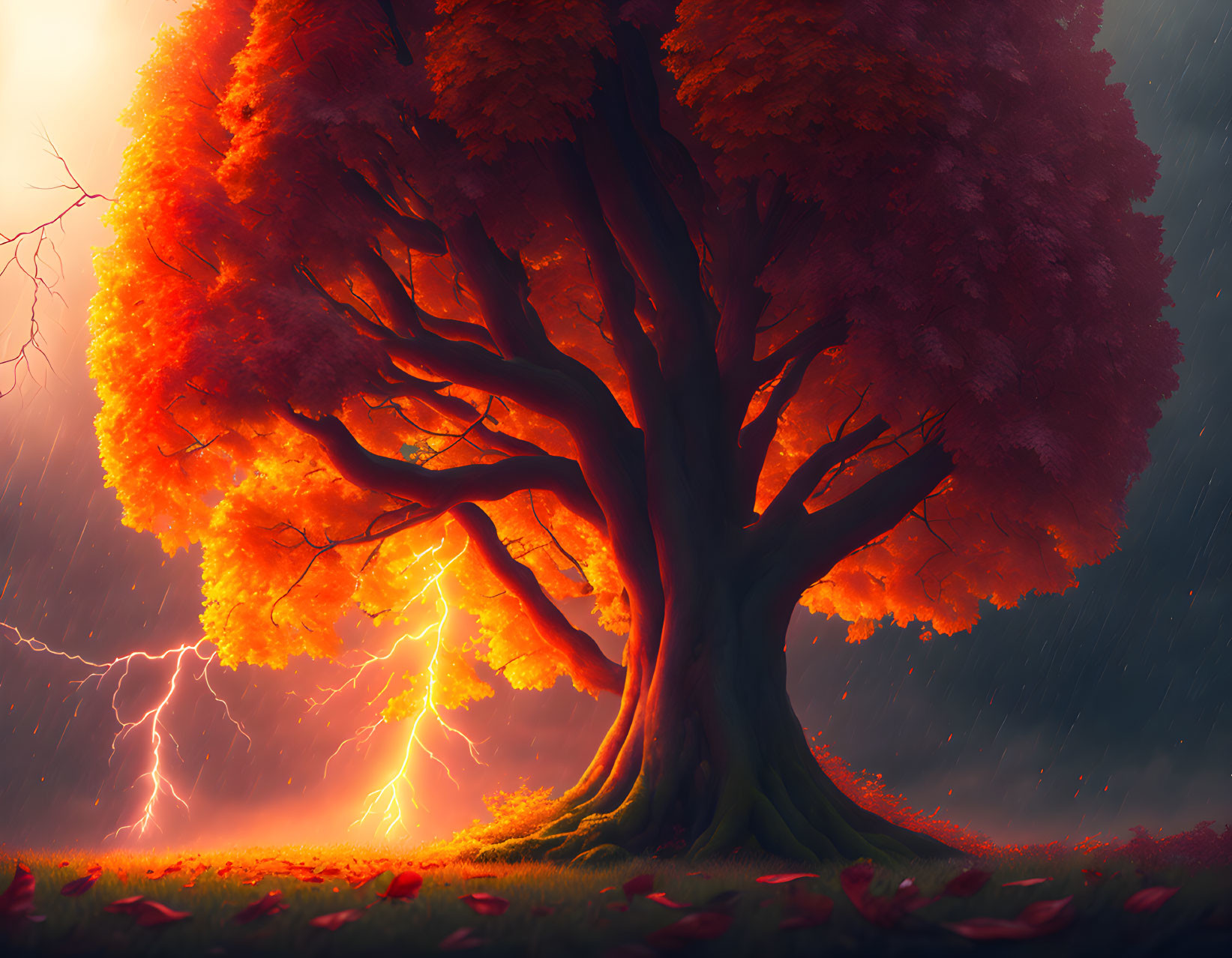 Vibrant tree with fiery red leaves in stormy lightning backdrop