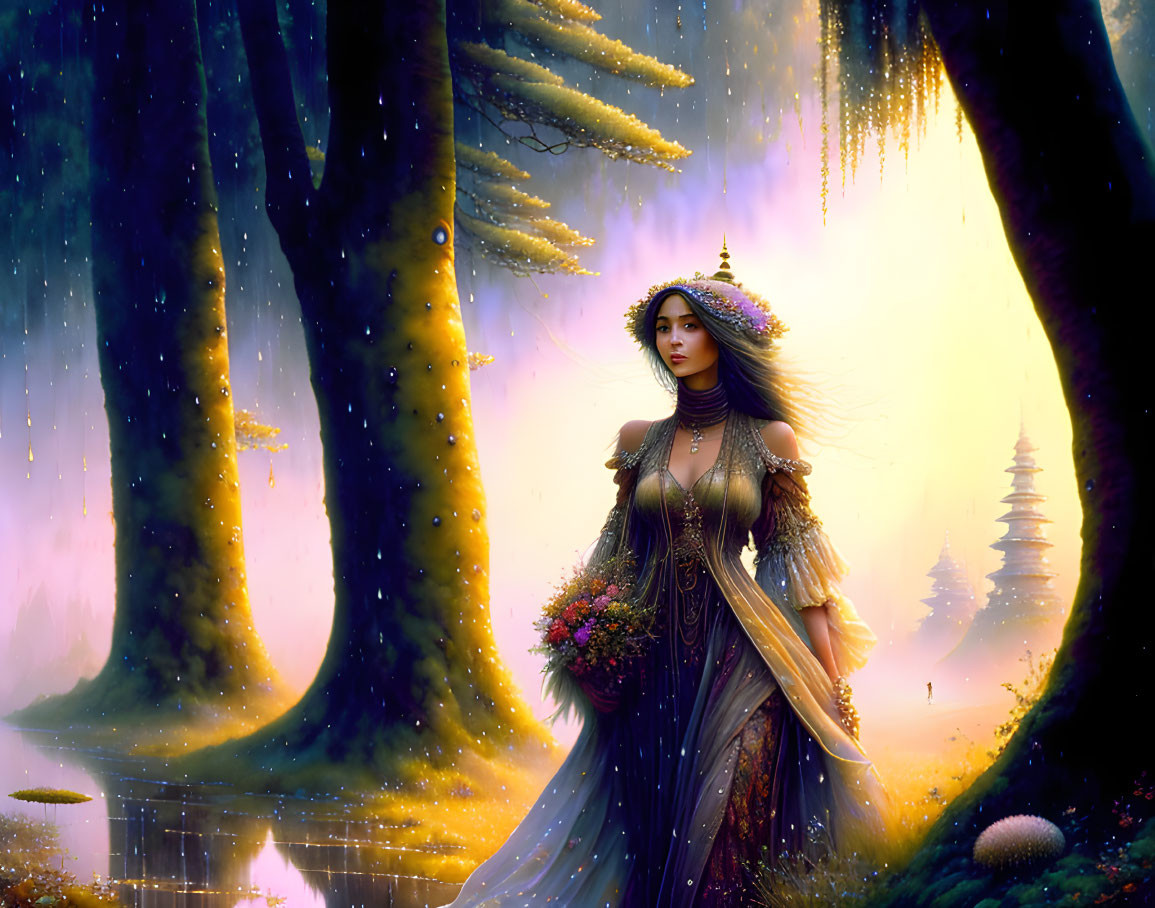 Ethereal woman in ornate attire in glowing forest with temple