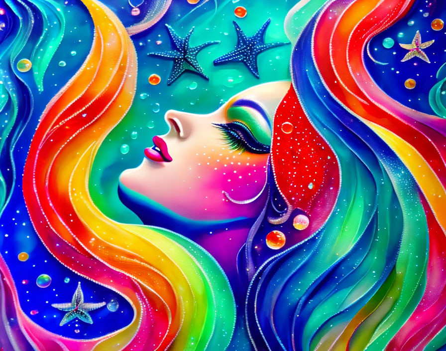 Colorful woman's profile with flowing hair, starfish, and cosmic elements.