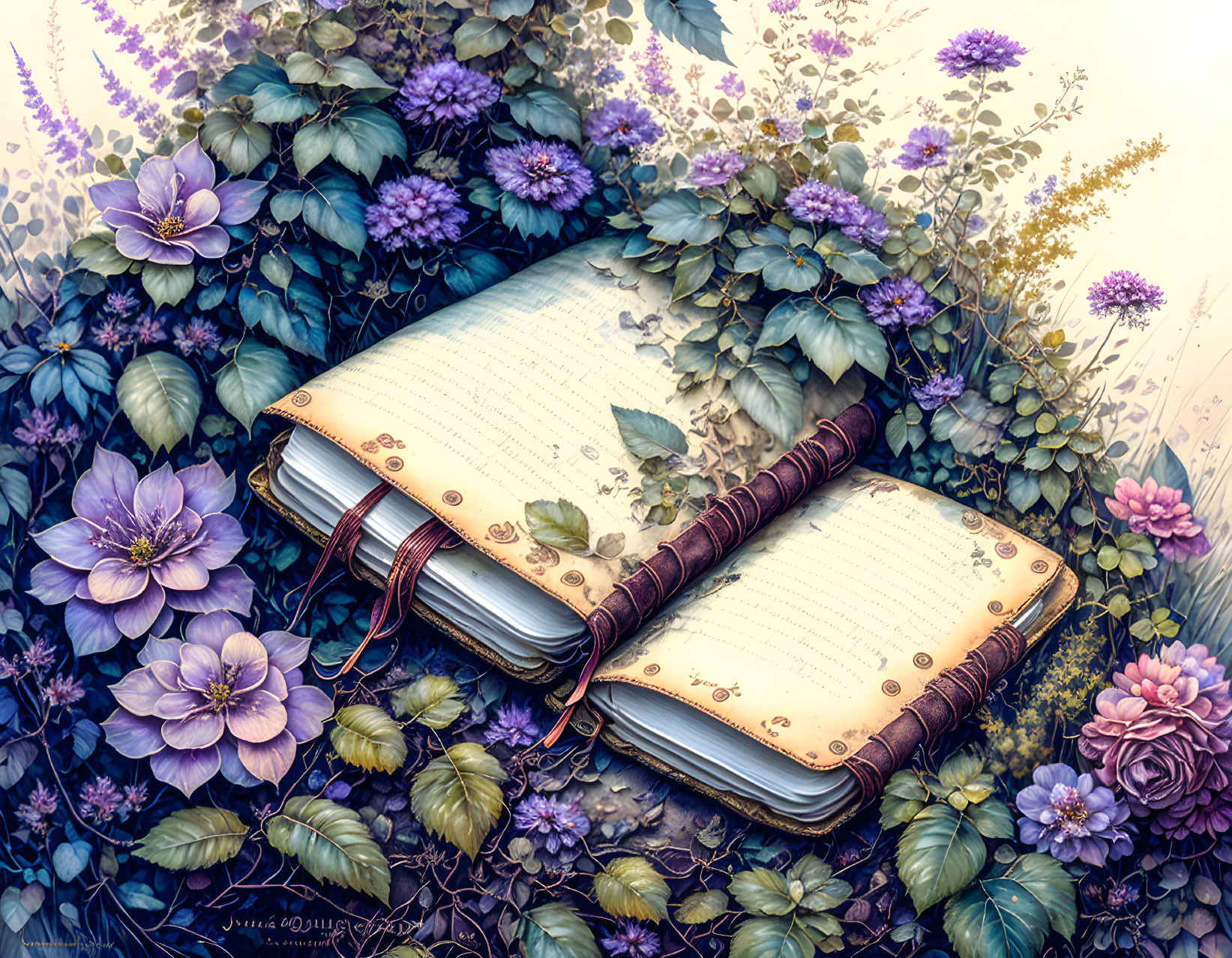 Blank journal surrounded by blue and purple flowers in natural setting