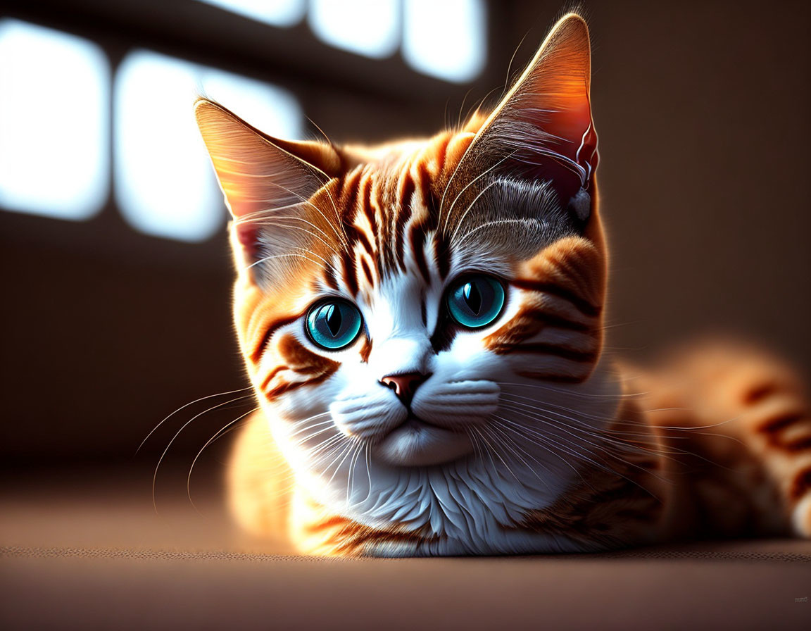 Orange Tabby Cat with Blue Eyes and Striped Fur Resting in Soft Light