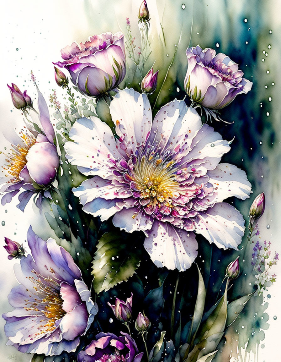 Delicate purple and white flowers in vibrant watercolor painting