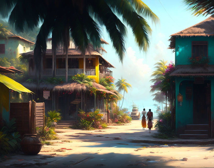 Tropical village scene with thatched houses, palm trees, and walking figures