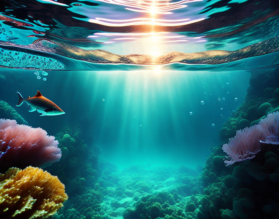 Vibrant coral reefs illuminated by sun rays underwater