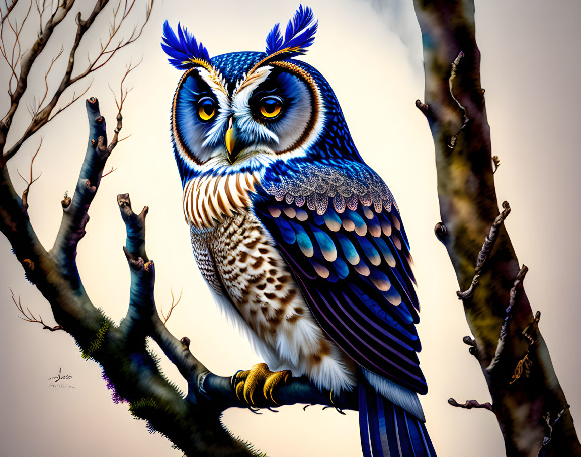 Colorful Owl Illustration Perched on Branch with Detailed Feathers