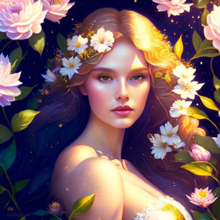 Mythical woman portrait with flowing hair and floral wreath, surrounded by flowers and fireflies on