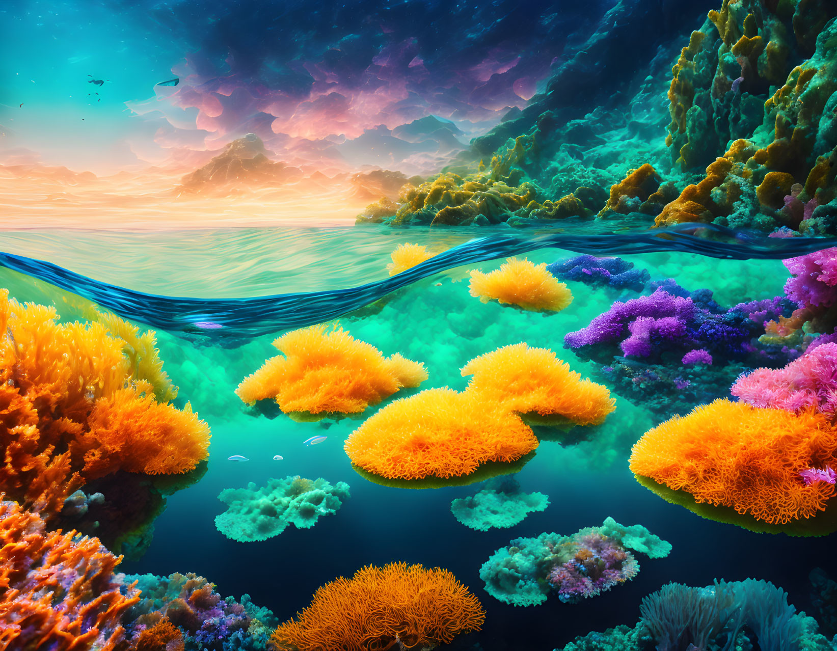 Colorful Coral in Underwater Scene with Surreal Starry Sky