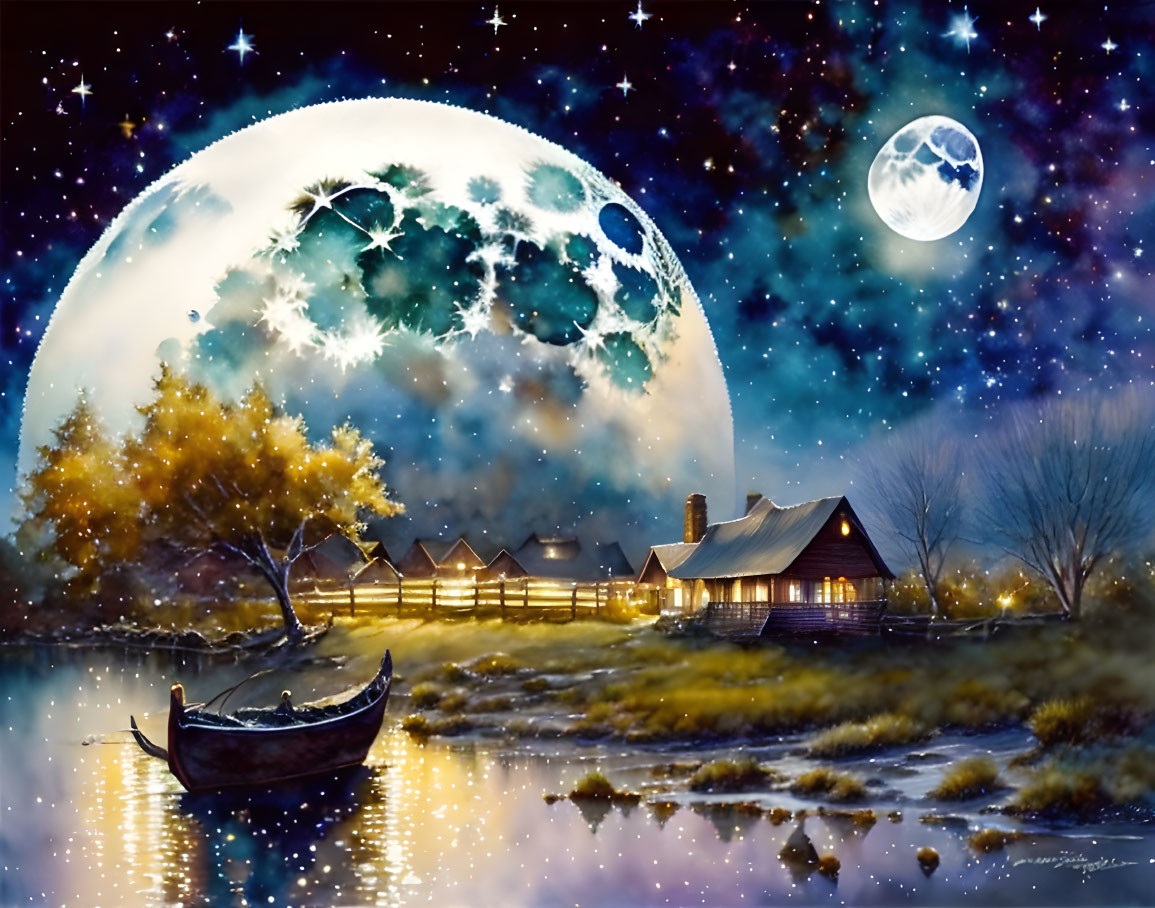 Fantasy night landscape with lit cottage, boat, trees, and two moons