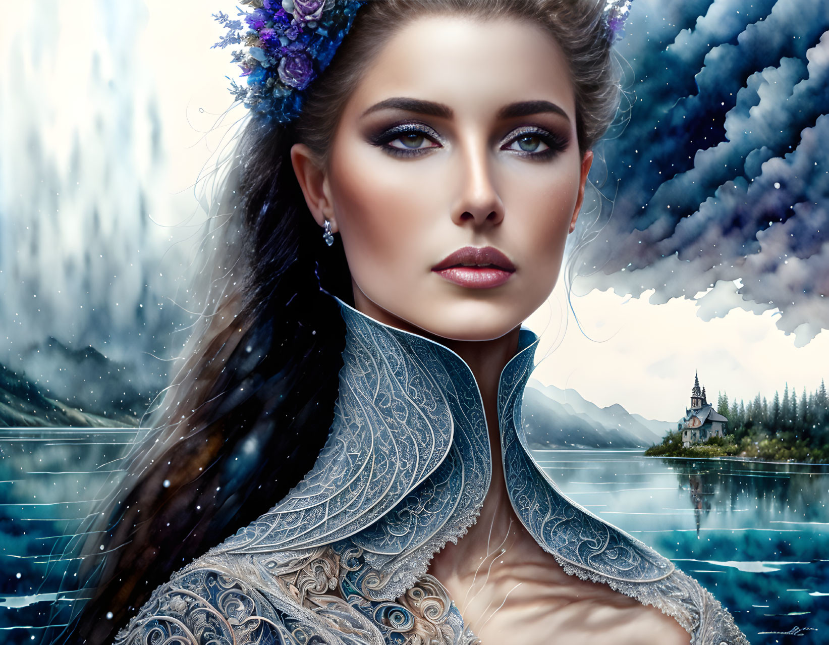 Digital artwork of woman with flowers in hair in fantastical lakeside landscape