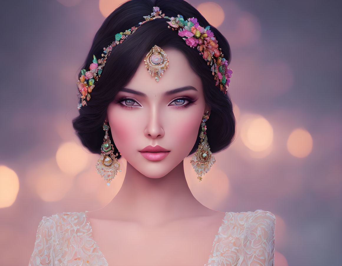 Woman Portrait with Floral Headpiece and Blue Eyes Against Bokeh Background