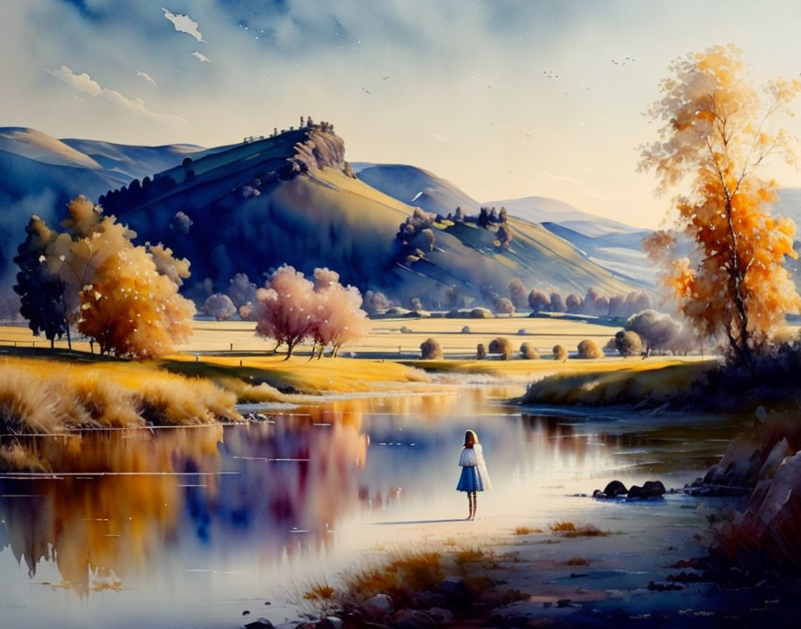 Tranquil landscape with river, fall trees, rolling hills, and solitary figure