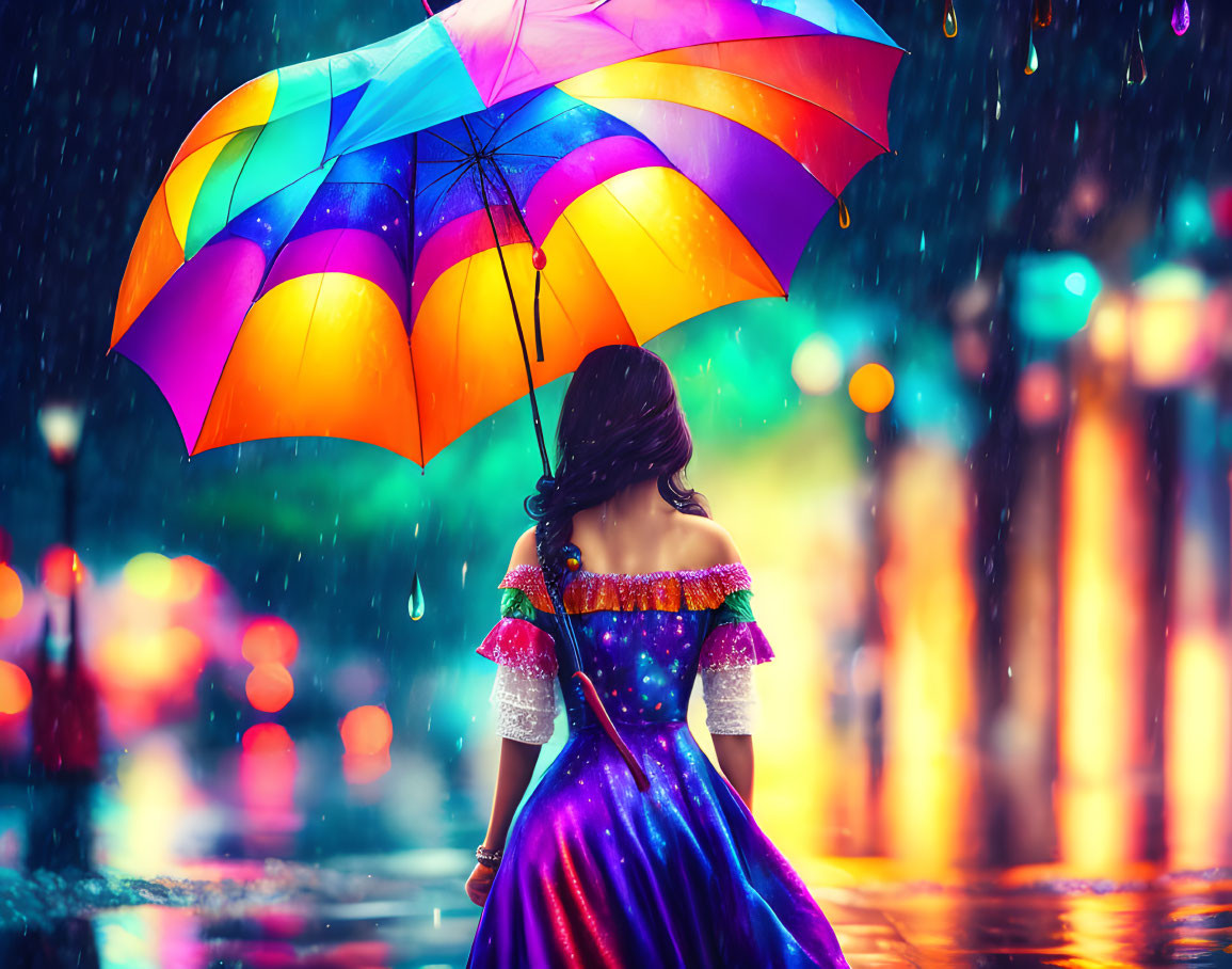 Colorful dress person with umbrella on rainy street at night