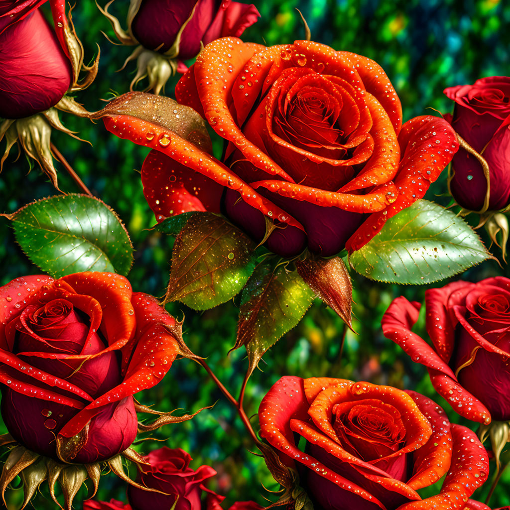 Fresh red roses with dewdrops on petals and leaves on green background