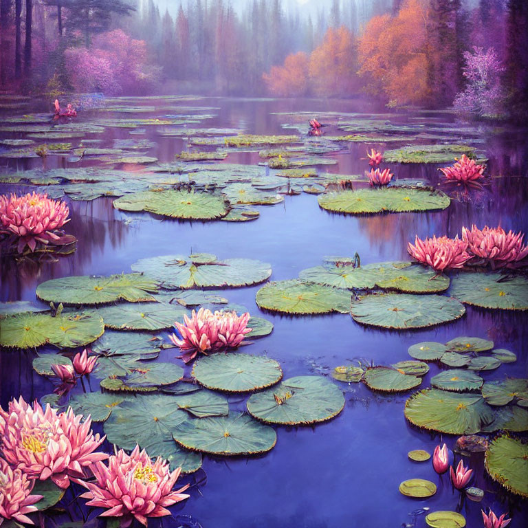 Tranquil pond with vibrant water lilies in misty forest