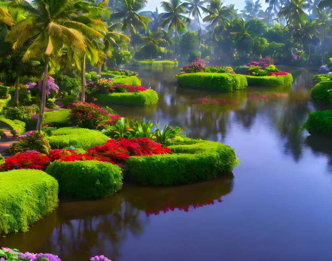 Tranquil Tropical Garden with Lush Greenery and Reflective Waters