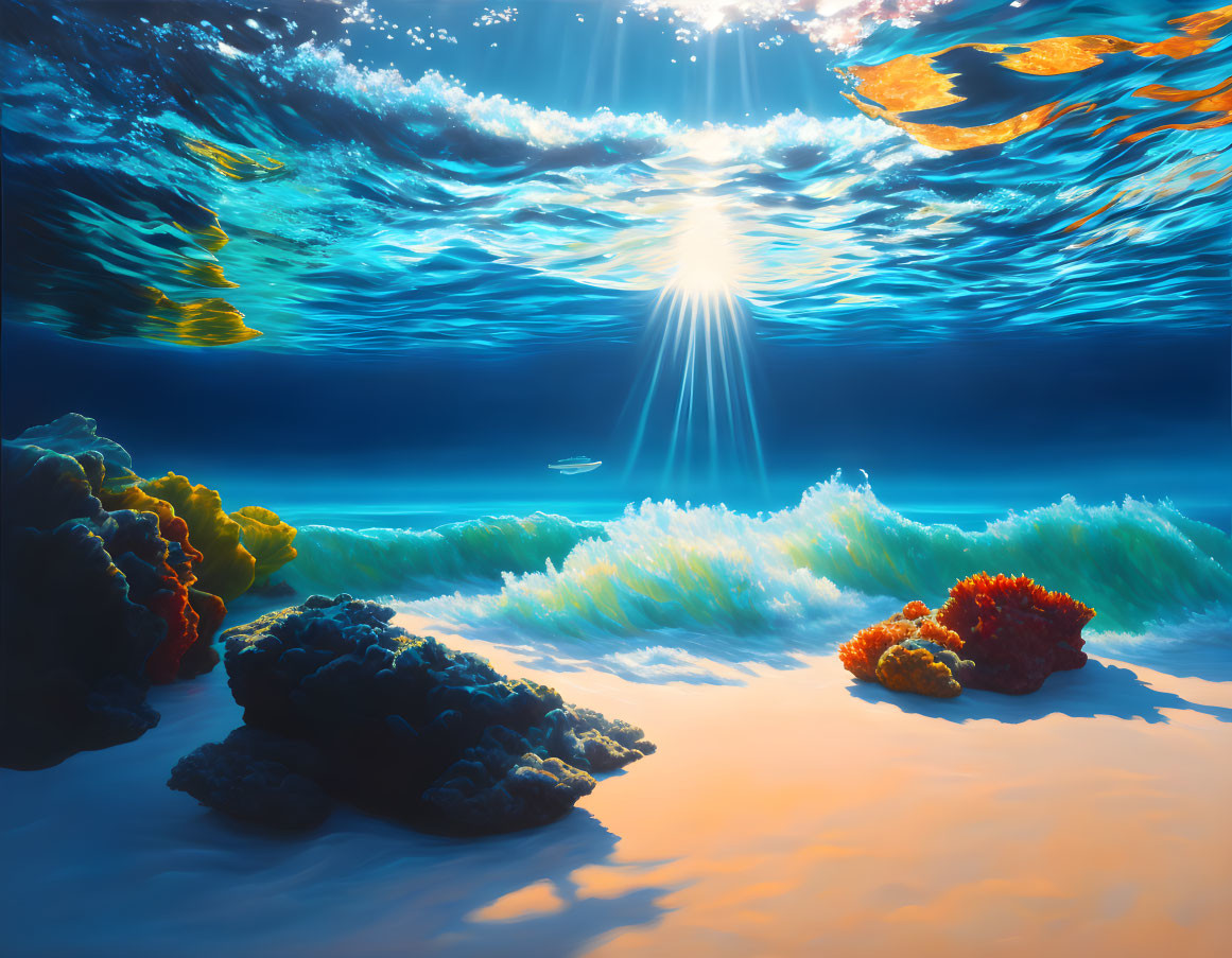 Sunbeams illuminate underwater coral and sand with rolling waves above