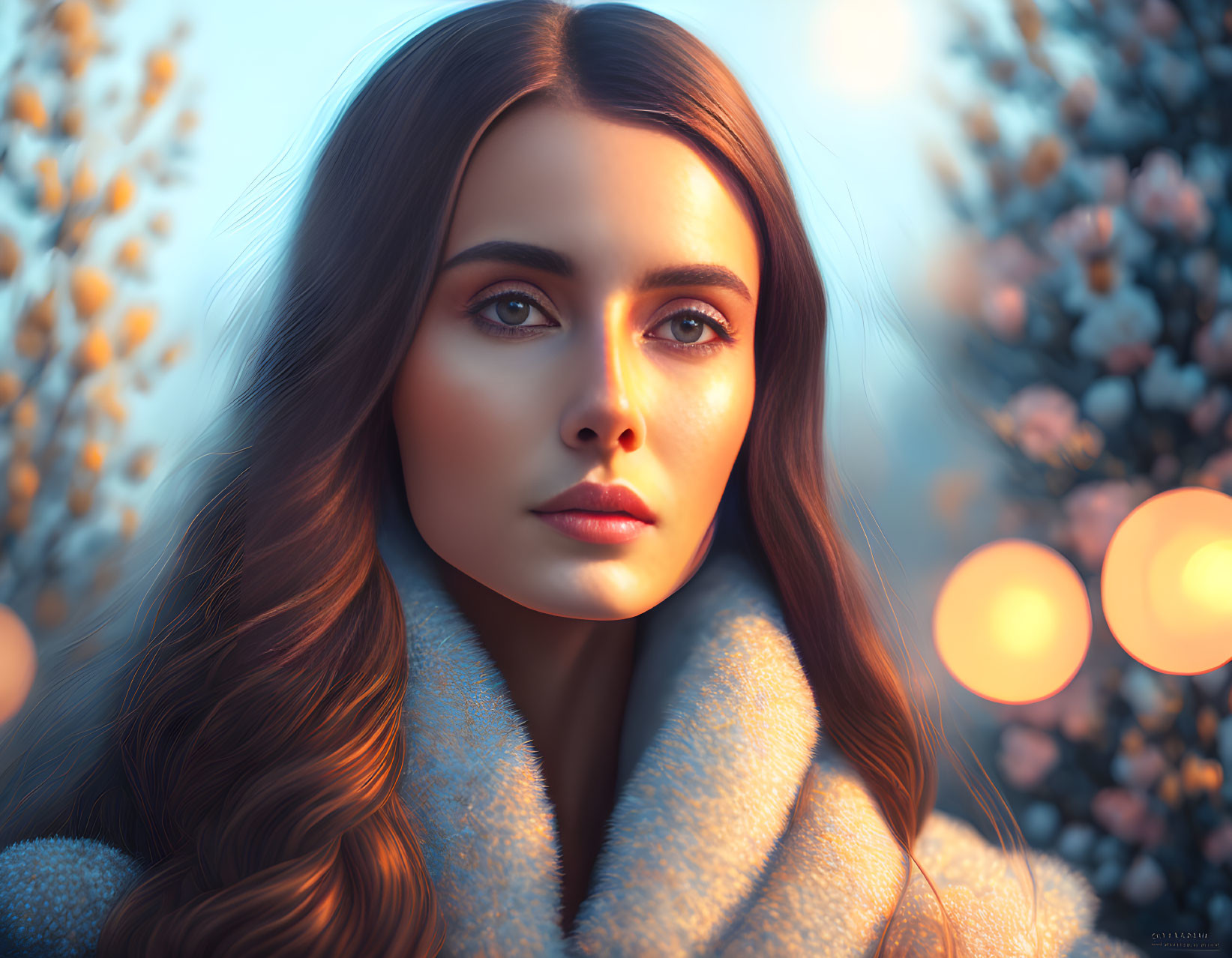 Long-haired woman in blue coat amidst soft flowers and warm lighting