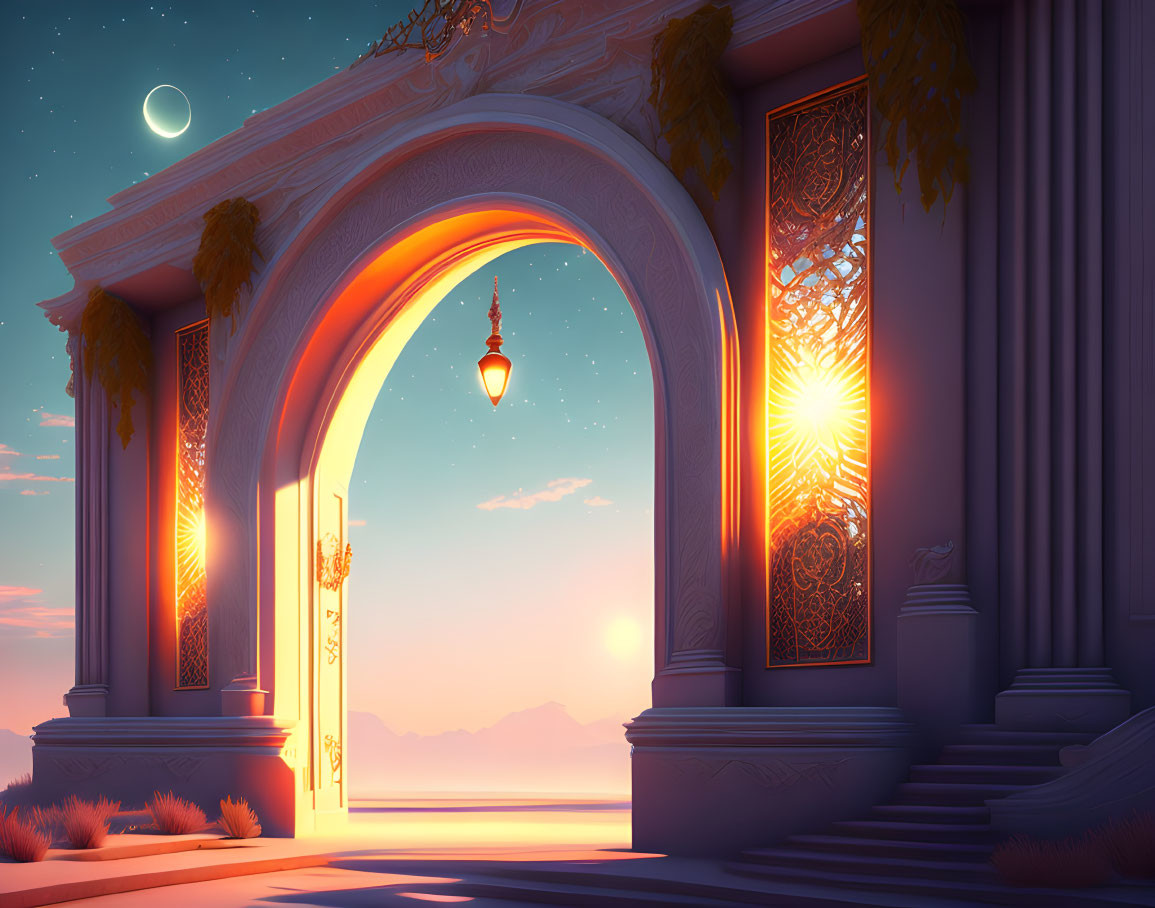 Ornate archway framing serene sunset view with elegant pillars and moonlit sky