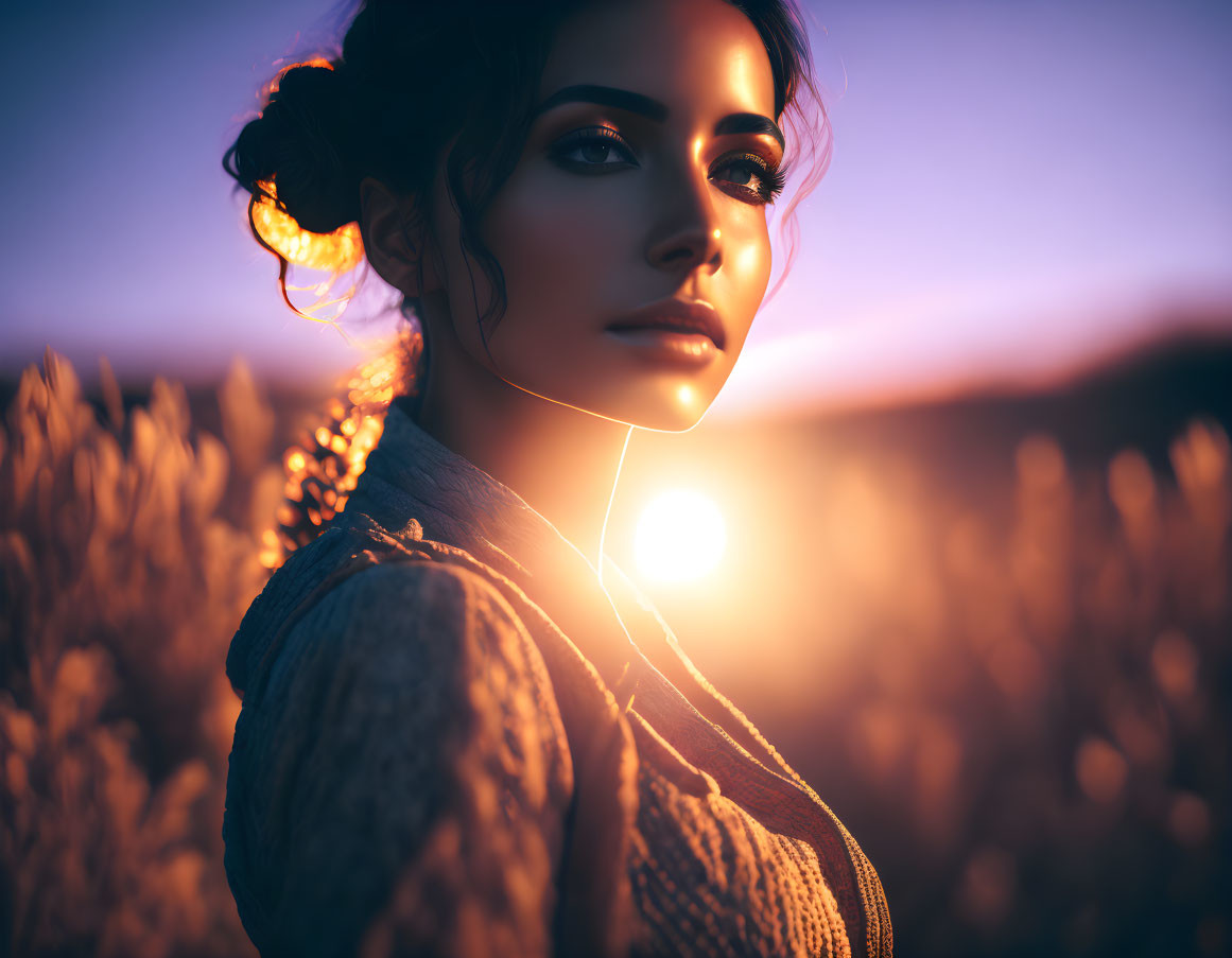 Woman in field at sunset with warm backlighting.