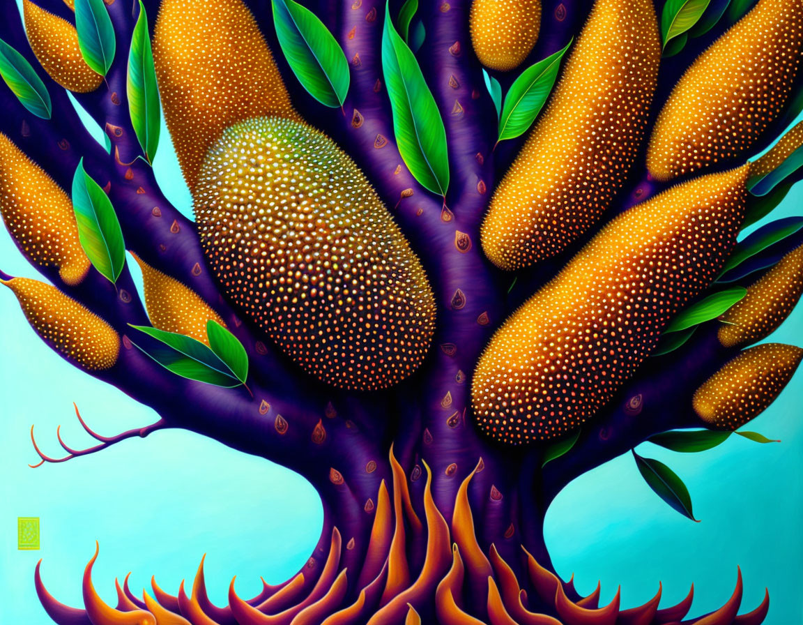 Fantastical tree illustration with purple bark and golden fruits on blue background