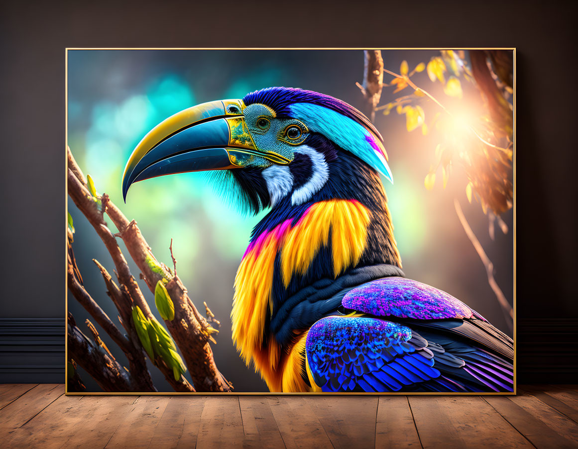 Colorful Toucan Canvas Print on Wooden Floor and Dark Wall