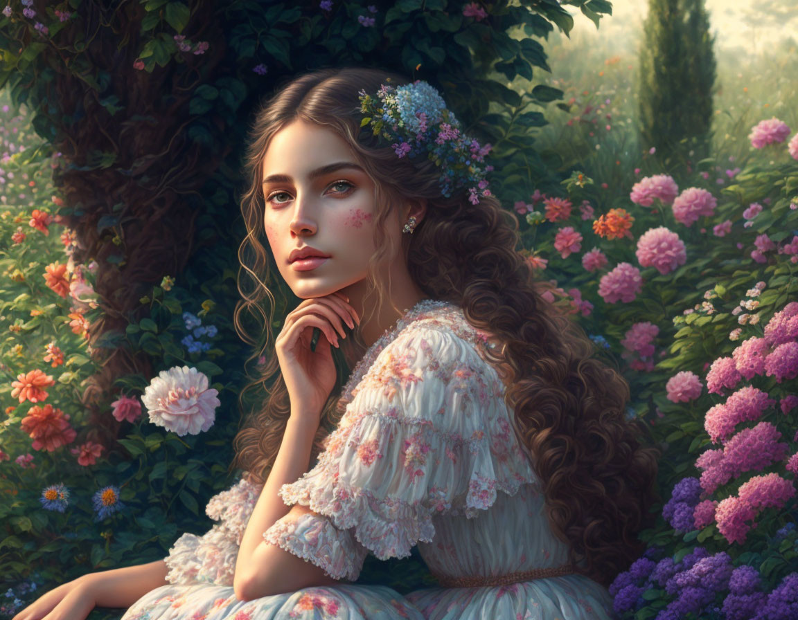 Young woman in vintage dress surrounded by lush flowers and floral adornments gazes thoughtfully.