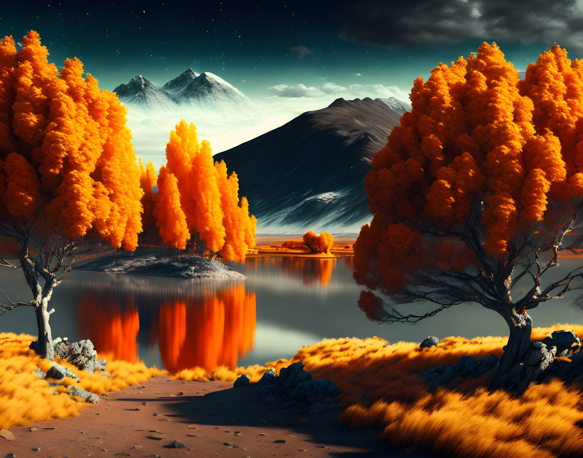 Vibrant autumn trees reflecting in calm lake with dark mountains under blue sky