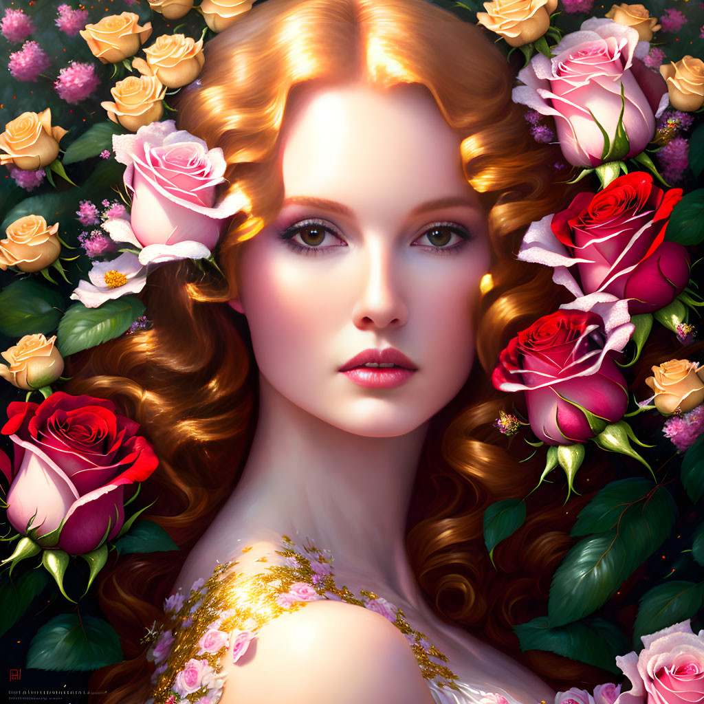 Digital portrait of woman with red hair and roses on dark background