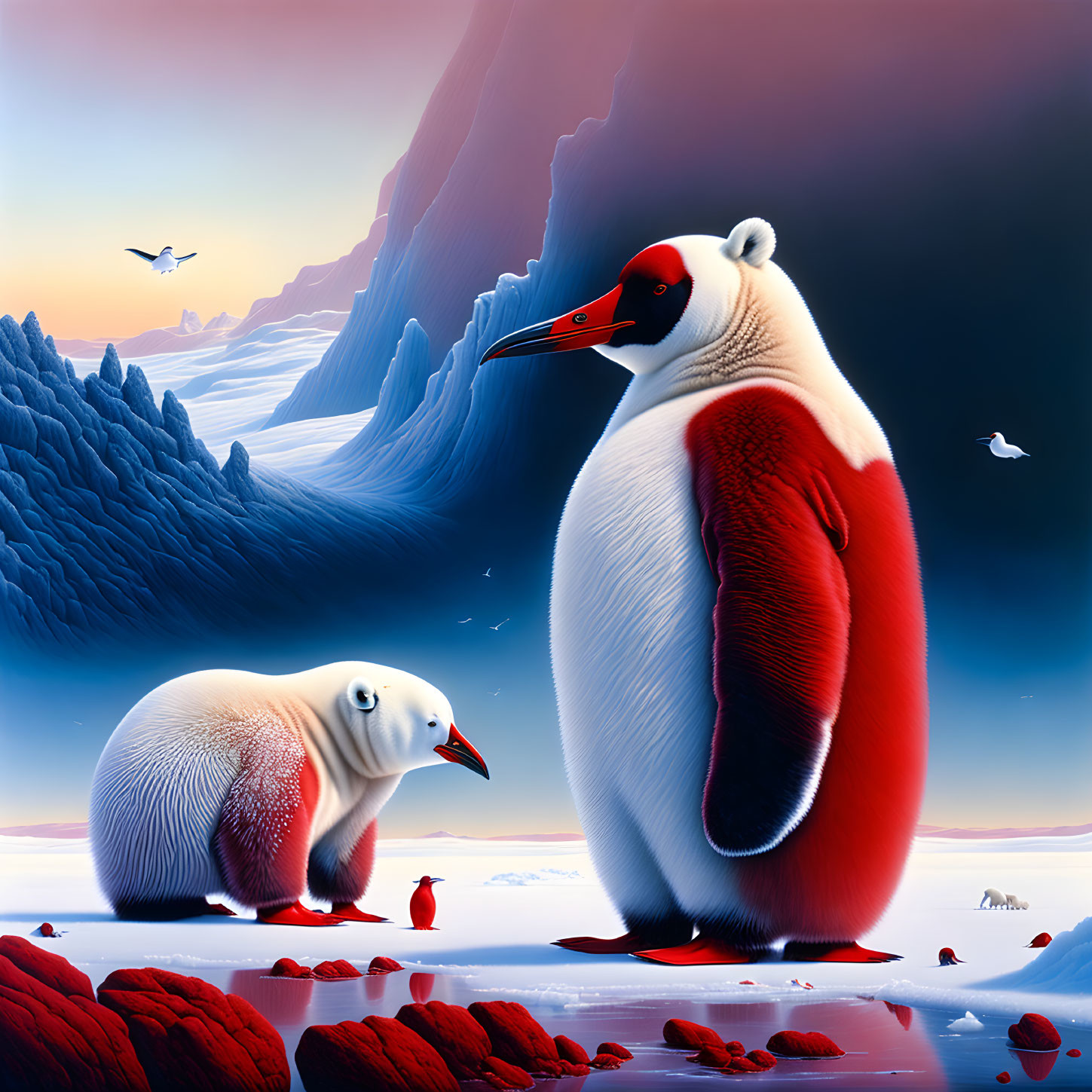 Vibrant Antarctic landscape with stylized penguins and dreamlike atmosphere