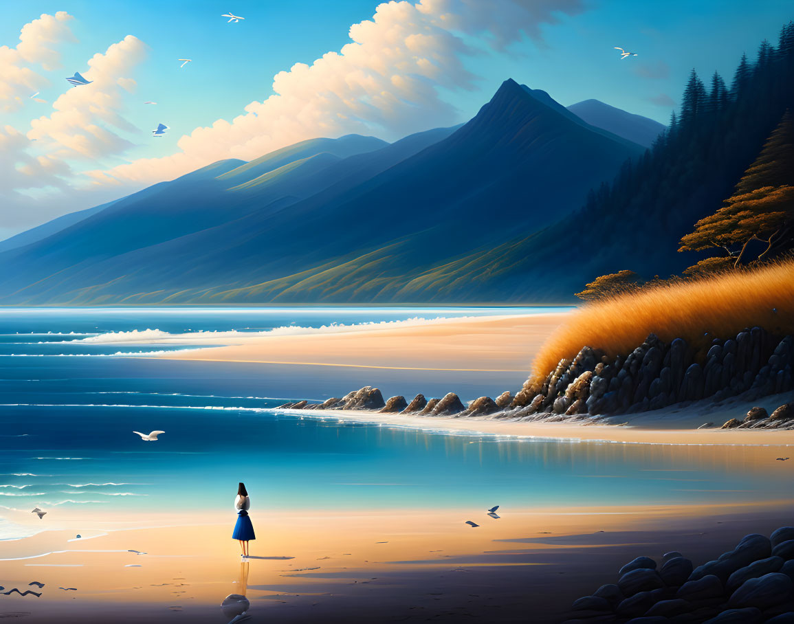 Serene beach at sunset with mountain backdrop, amber grasses, forested hill, and flying birds