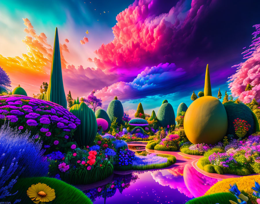 Colorful Fantasy Landscape with Pink Clouds and Reflective Purple River