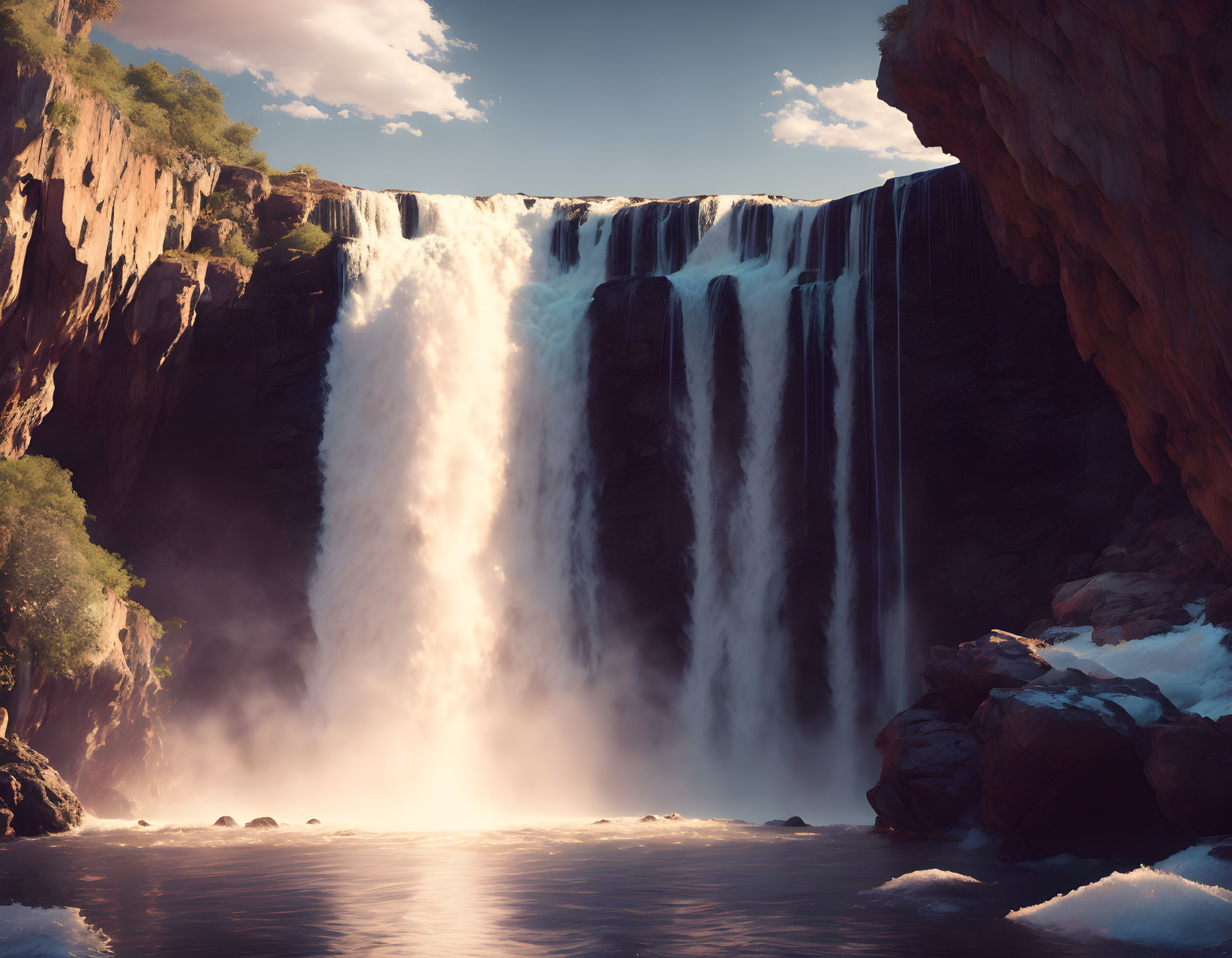 Serene pool with majestic waterfall and misty cliffs