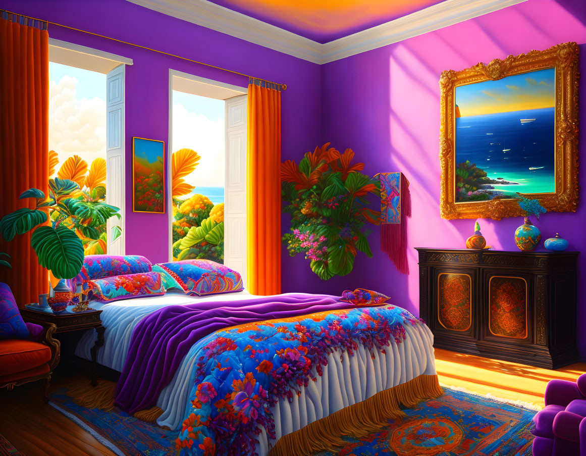 Colorful Tropical Bedroom with Beach View and Floral Bedding