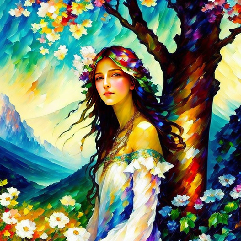 Colorful Artwork: Woman with Flower Crown and Tree in Mountainous Landscape